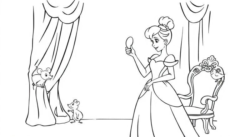 Aschenputtel-Farbtafel, die ihr Ballkleid betrachtet, mit Mäusen und einem Vogel.