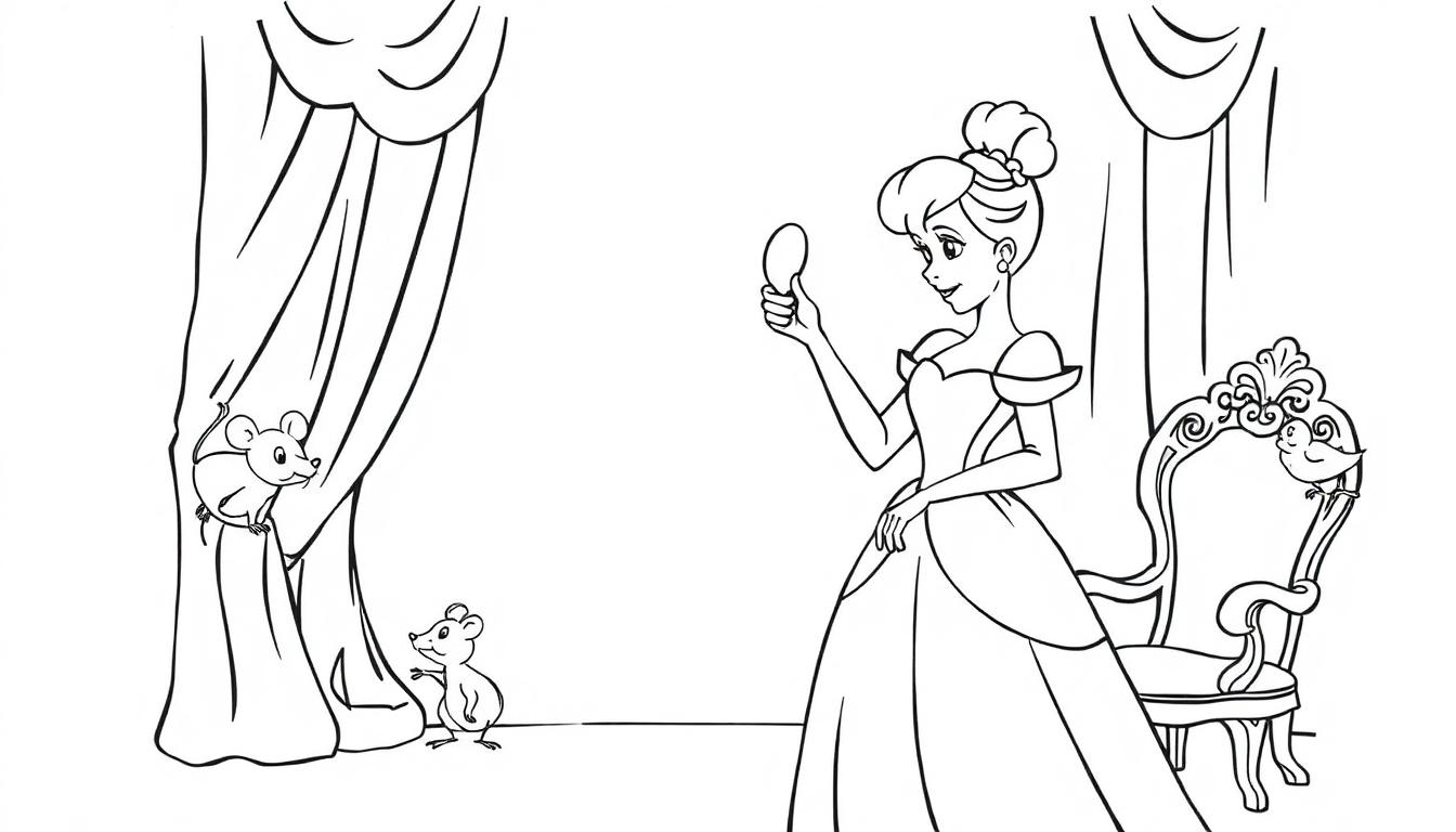 Aschenputtel-Farbtafel, die ihr Ballkleid betrachtet, mit Mäusen und einem Vogel.