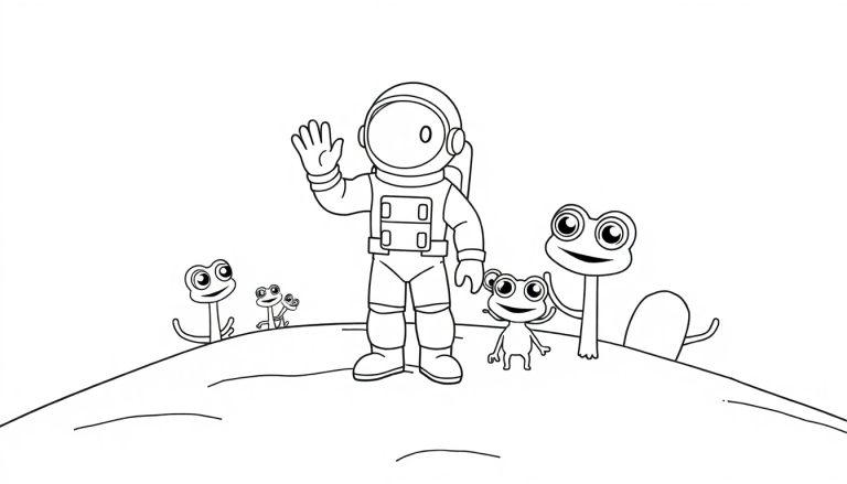 Eine Schwarz-Weiß-Farbtafel eines Astronauten, der mit Fröschen winkt.