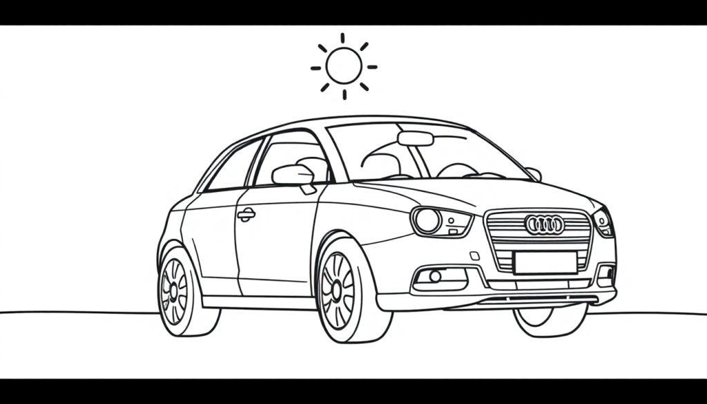 Schwarz-Weiß-Farbtafel-Zeichnung eines Audi A1 mit einer Sonne im Hintergrund.