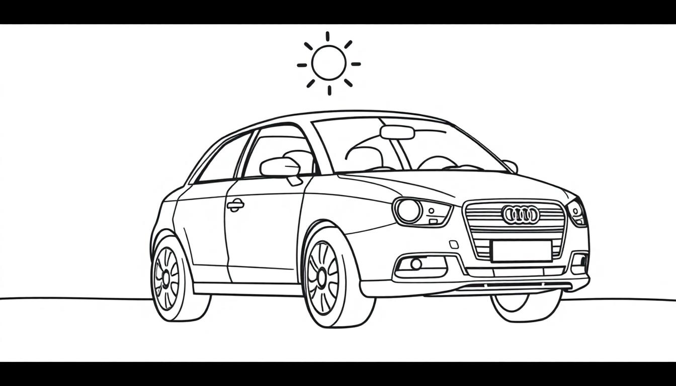 Schwarz-Weiß-Farbtafel-Zeichnung eines Audi A1 mit einer Sonne im Hintergrund.