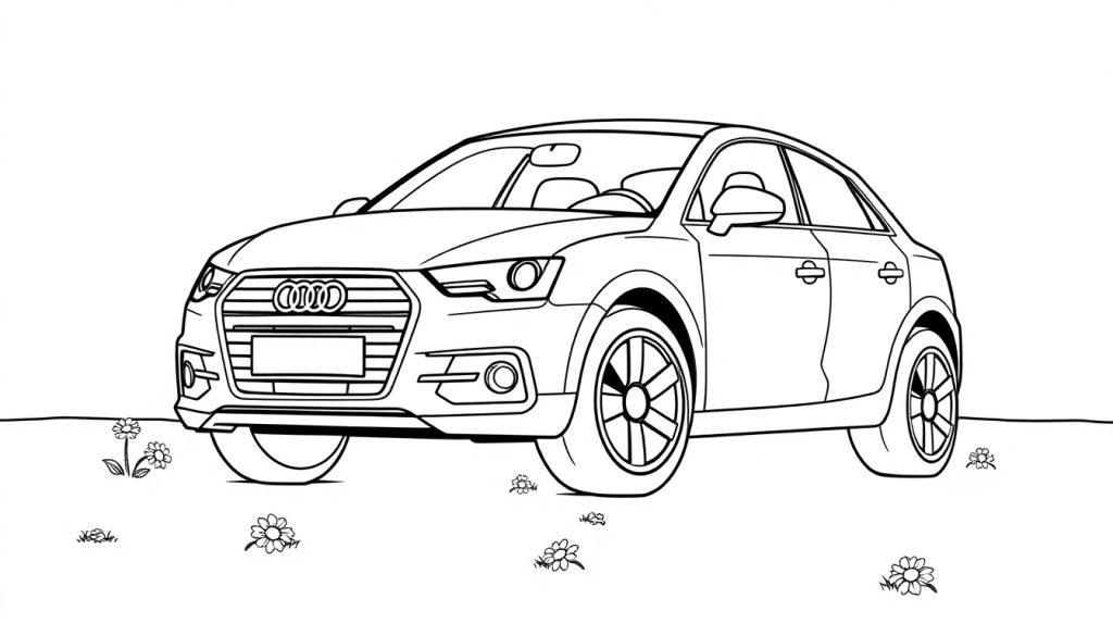 Eine Schwarzweiß-Farbtafel eines Audi-Autos, bereit zum Ausmalen, mit Blumen.