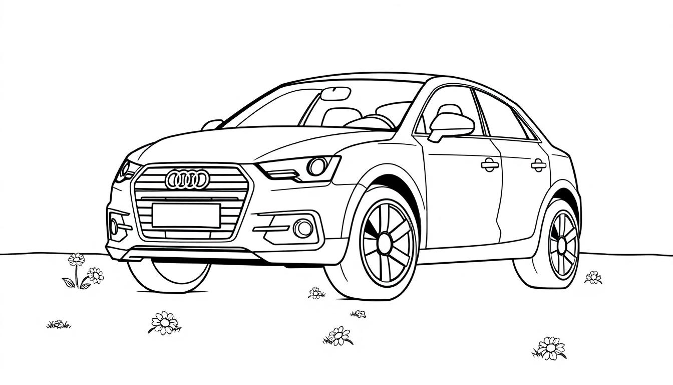 Eine Schwarzweiß-Farbtafel eines Audi-Autos, bereit zum Ausmalen, mit Blumen.