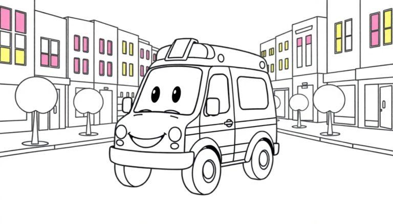 Ein freundlicher Comic-Rettungswagen mit großen Augen und einem Lächeln in einer bunten Stadt als Farbtafel.
