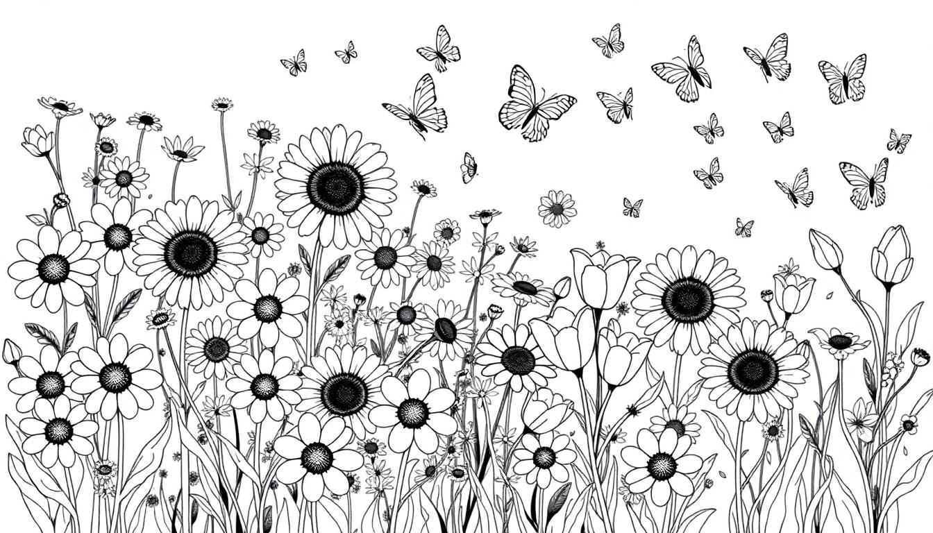 Schwarz-weiße Farbtafel einer blühenden Wiese mit Gänseblümchen und Schmetterlingen, bereit zum Ausmalen.