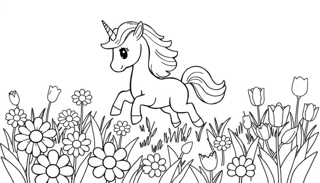 Schwarz-weiße Farbtafel eines niedlichen Chibi-Einhorns, das über eine Blumenwiese galoppiert.