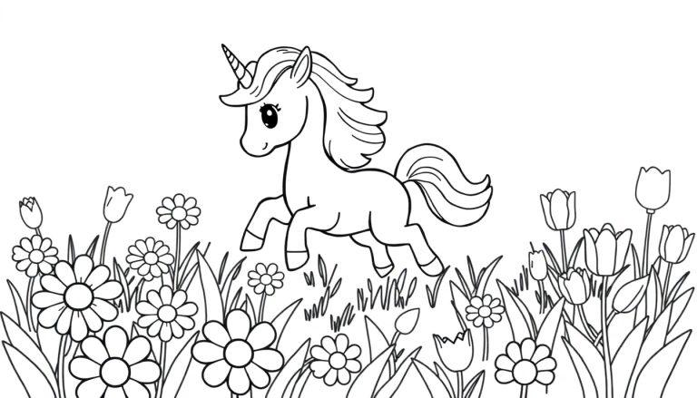 Schwarz-weiße Farbtafel eines niedlichen Chibi-Einhorns, das über eine Blumenwiese galoppiert.