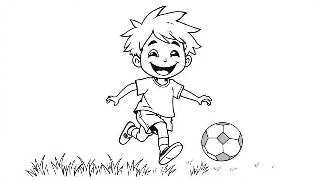 Ein fröhlicher Junge dribbelt einen Fußball, bereit zum Ausmalen als Farbtafel.