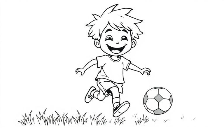 Ein fröhlicher Junge dribbelt einen Fußball, bereit zum Ausmalen als Farbtafel.
