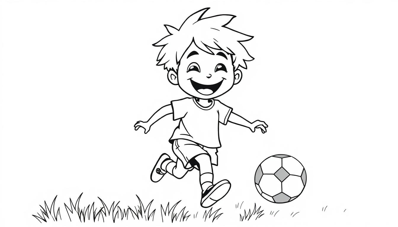 Ein fröhlicher Junge dribbelt einen Fußball, bereit zum Ausmalen als Farbtafel.