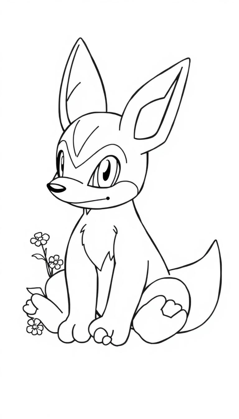 Lucario sitzt mit gekreuzten Pfoten und spitzen Ohren inmitten einfacher Blumen.
