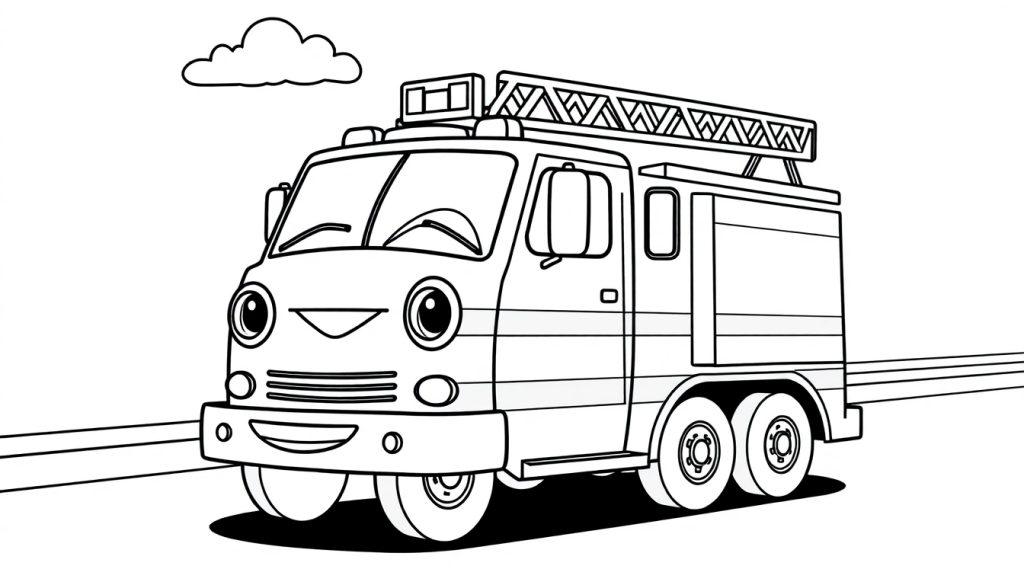 Ein lächelndes Cartoon-Feuerwehrauto mit großen Augen und einer Leiter auf dem Dach steht auf einer Straße unter einer Wolke. Eine Farbtafel zum Ausmalen.