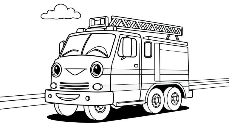 Ein lächelndes Cartoon-Feuerwehrauto mit großen Augen und einer Leiter auf dem Dach steht auf einer Straße unter einer Wolke. Eine Farbtafel zum Ausmalen.