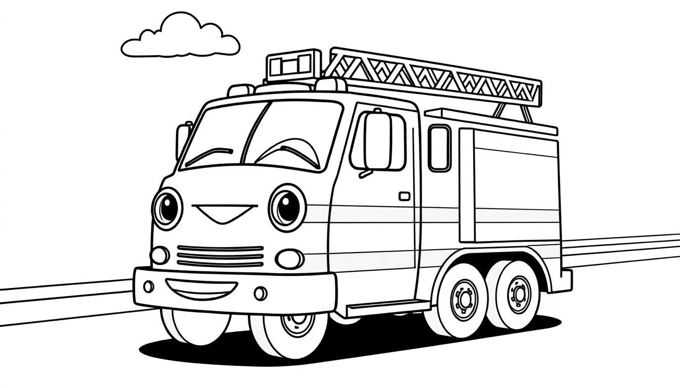 Ein lächelndes Cartoon-Feuerwehrauto mit großen Augen und einer Leiter auf dem Dach steht auf einer Straße unter einer Wolke. Eine Farbtafel zum Ausmalen.