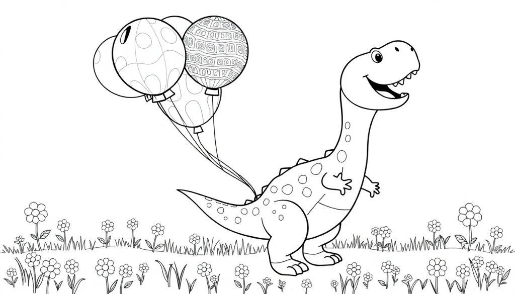 Eine Schwarz-Weiß-Farbtafel eines niedlichen Dinosauriers mit einem Bündel bunter Ballons, der in einem Feld mit Blumen steht.