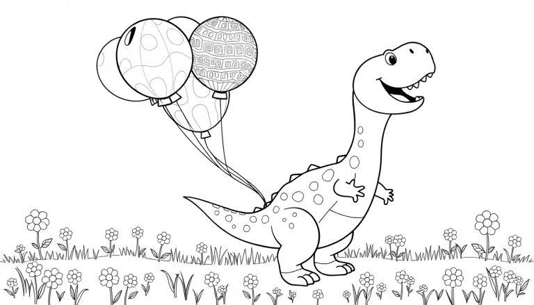 Eine Schwarz-Weiß-Farbtafel eines niedlichen Dinosauriers mit einem Bündel bunter Ballons, der in einem Feld mit Blumen steht.