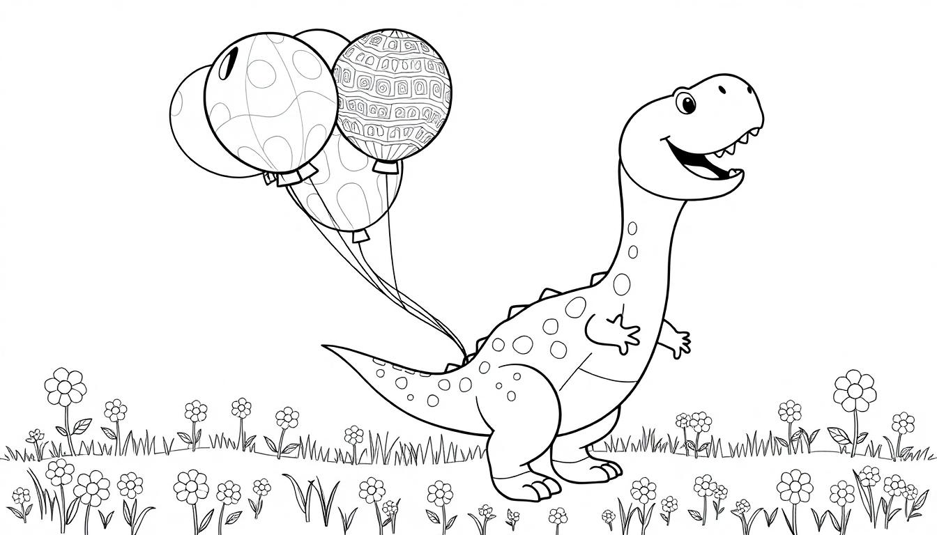Eine Schwarz-Weiß-Farbtafel eines niedlichen Dinosauriers mit einem Bündel bunter Ballons, der in einem Feld mit Blumen steht.