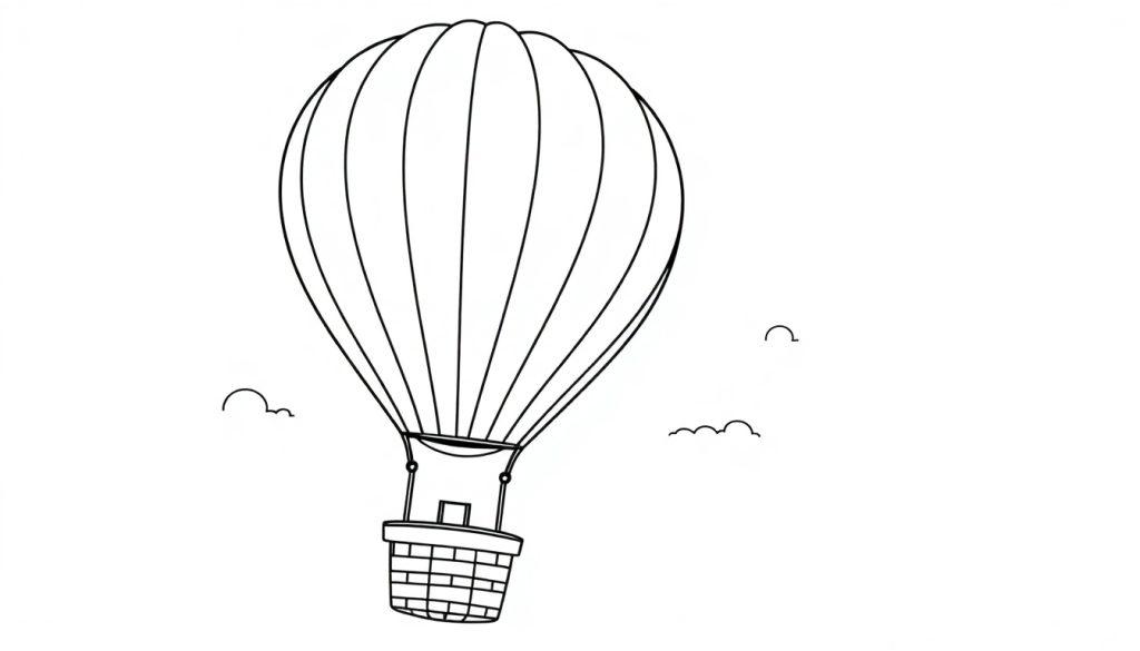 Schwarz-weiße Farbtafel eines Heißluftballons mit Streifen und einem Korb, bereit zum Ausmalen, mit kleinen Wolken im Hintergrund.