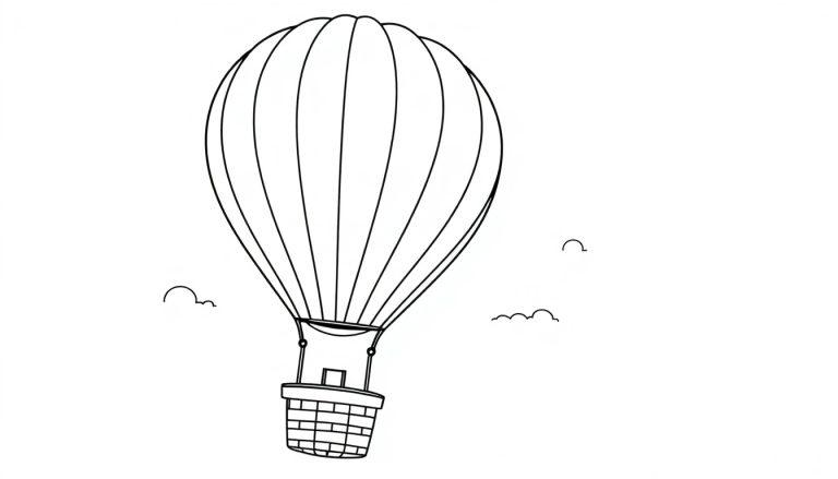 Schwarz-weiße Farbtafel eines Heißluftballons mit Streifen und einem Korb, bereit zum Ausmalen, mit kleinen Wolken im Hintergrund.