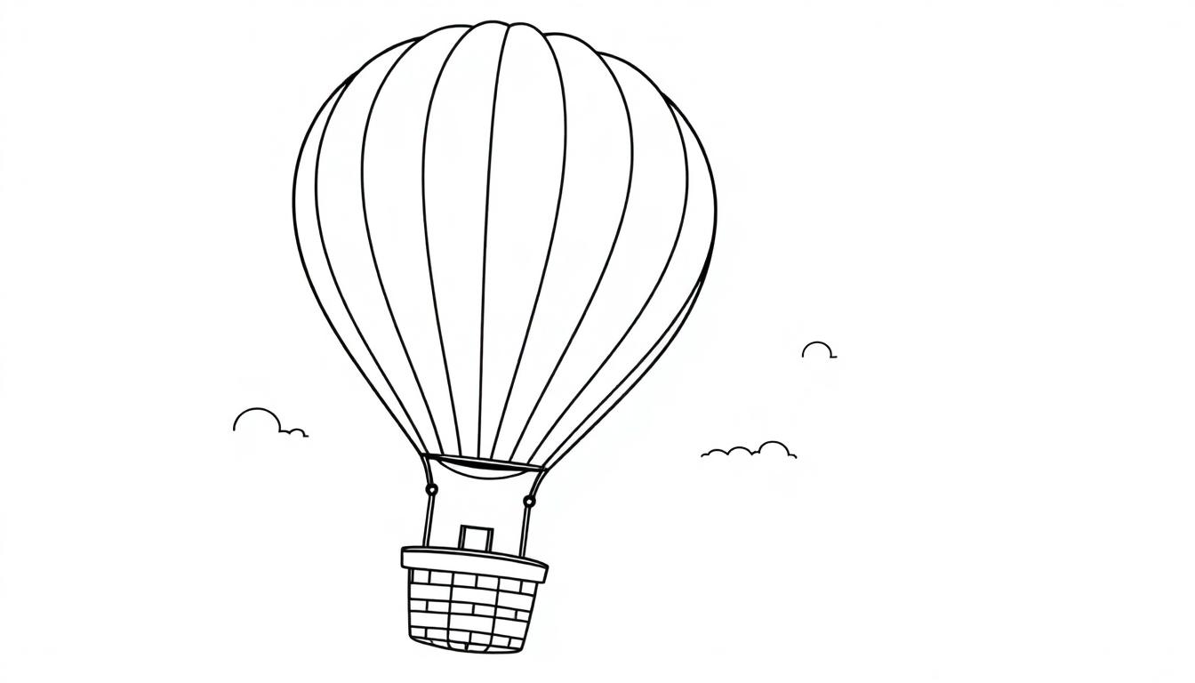Schwarz-weiße Farbtafel eines Heißluftballons mit Streifen und einem Korb, bereit zum Ausmalen, mit kleinen Wolken im Hintergrund.
