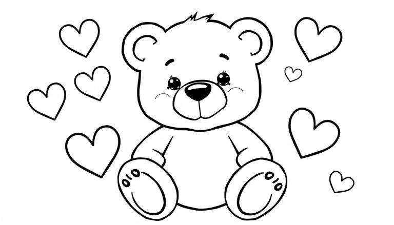Eine Ausmalvorlage eines niedlichen Teddybären mit einem Pflaster auf der Pfote, umgeben von Herzen.