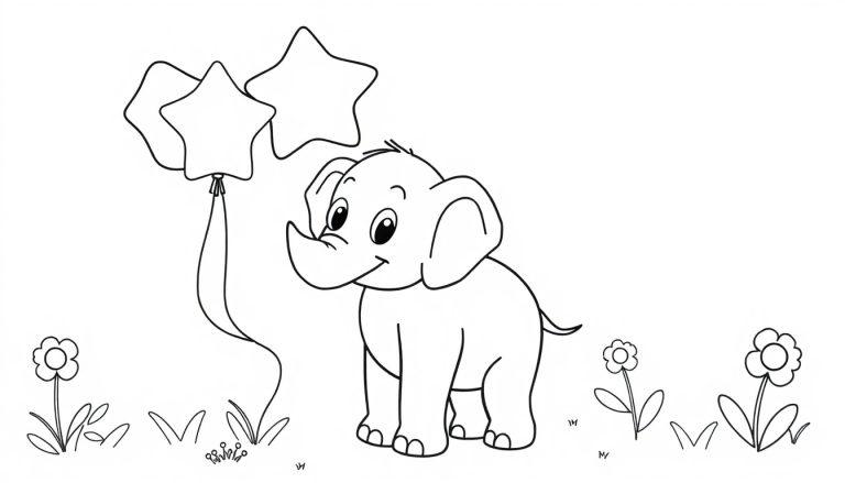 Eine Farbtafel: Ein niedlicher Elefant mit Sternluftballons.