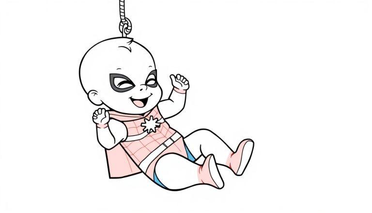 Baby Spiderman schwingt an einem Seil.