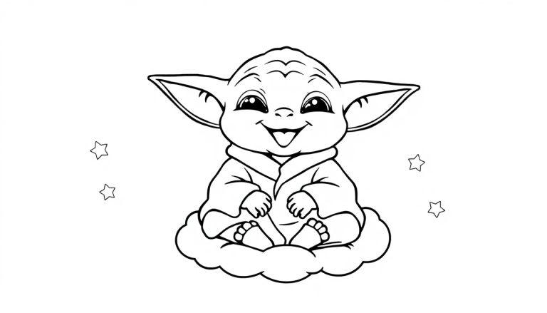 Eine niedliche Schwarz-Weiß-Farbtafel von Baby Yoda, der auf einer Wolke sitzt und freundlich lächelt, umgeben von Sternen.