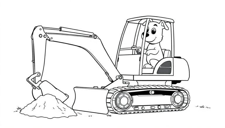 Ein Comic-Hund bedient einen kleinen Bagger auf einer Baustelle.