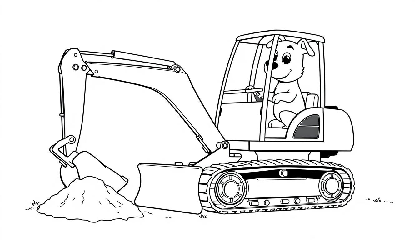 Ein Comic-Hund bedient einen kleinen Bagger auf einer Baustelle.