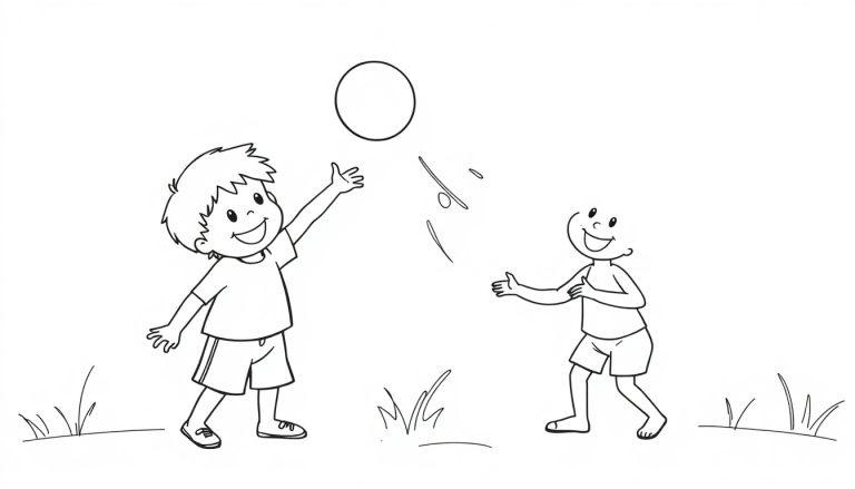 Zwei fröhliche Jungen spielen im Freien mit einem Ball, eine Schwarz-Weiß-Farbtafel.