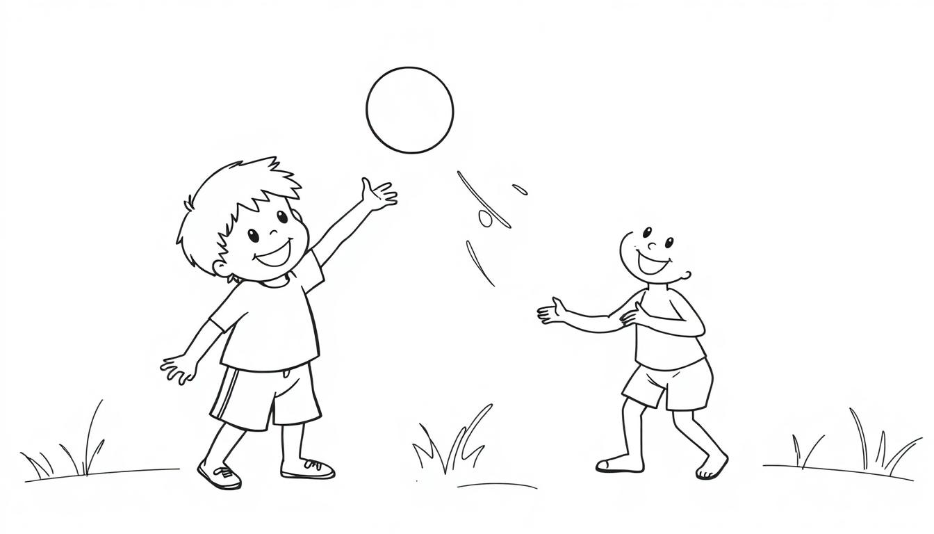 Zwei fröhliche Jungen spielen im Freien mit einem Ball, eine Schwarz-Weiß-Farbtafel.