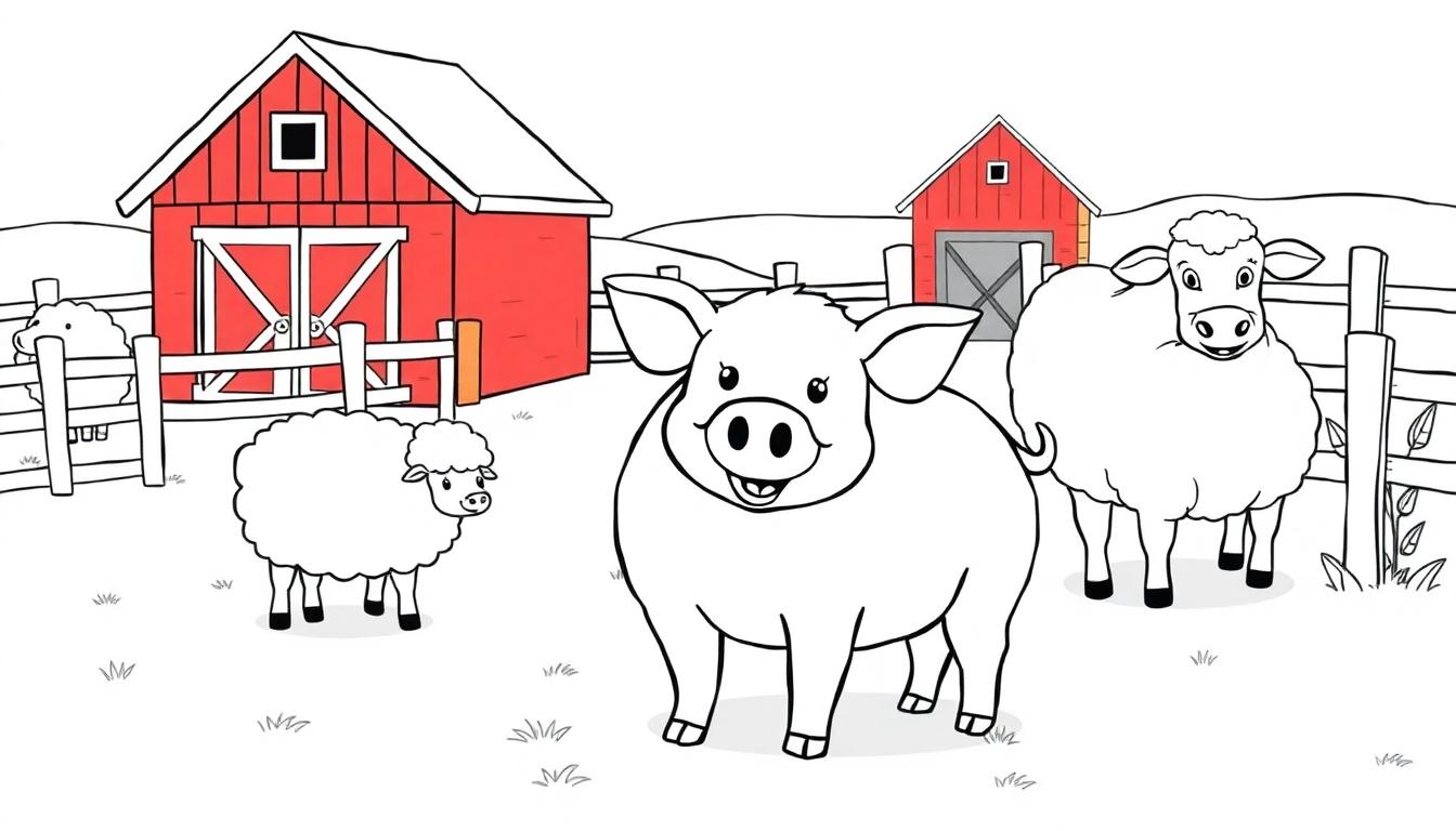 Eine Schwarz-Weiß-Farbtafel eines Bauernhofs mit einem lachenden Schwein und zwei Schafen vor einer Scheune.
