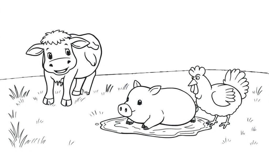 Schwarz-weiße Farbtafel-Zeichnung einer Kuh, eines Schweins und eines Huhns auf einem Bauernhof.
