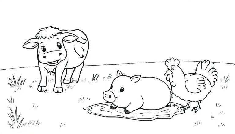 Schwarz-weiße Farbtafel-Zeichnung einer Kuh, eines Schweins und eines Huhns auf einem Bauernhof.