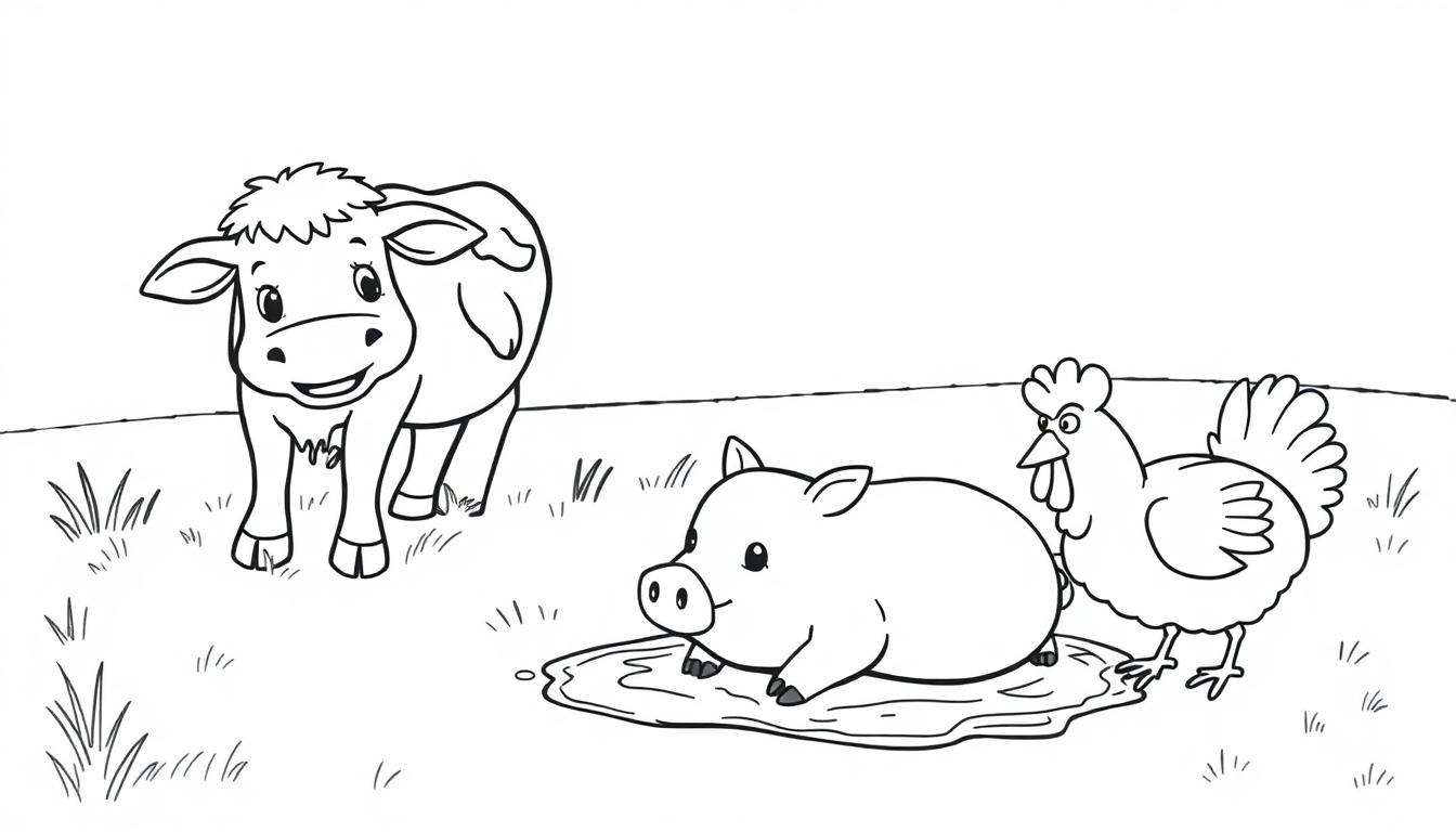 Schwarz-weiße Farbtafel-Zeichnung einer Kuh, eines Schweins und eines Huhns auf einem Bauernhof.