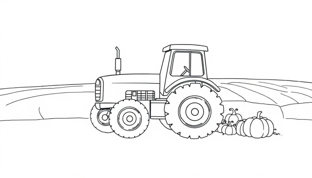Eine Farbtafel-Zeichnung eines Traktors auf einem Feld mit Kürbissen.