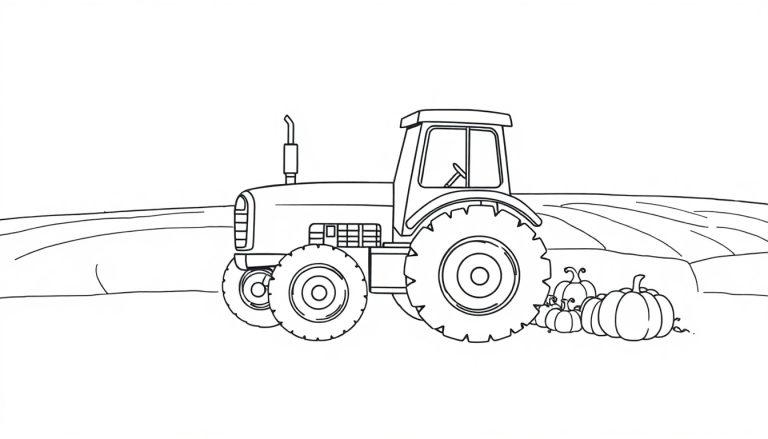 Eine Farbtafel-Zeichnung eines Traktors auf einem Feld mit Kürbissen.