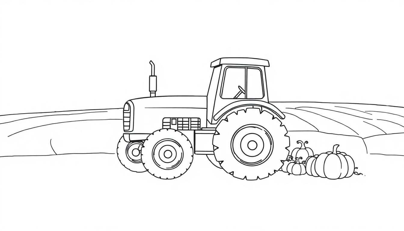Eine Farbtafel-Zeichnung eines Traktors auf einem Feld mit Kürbissen.
