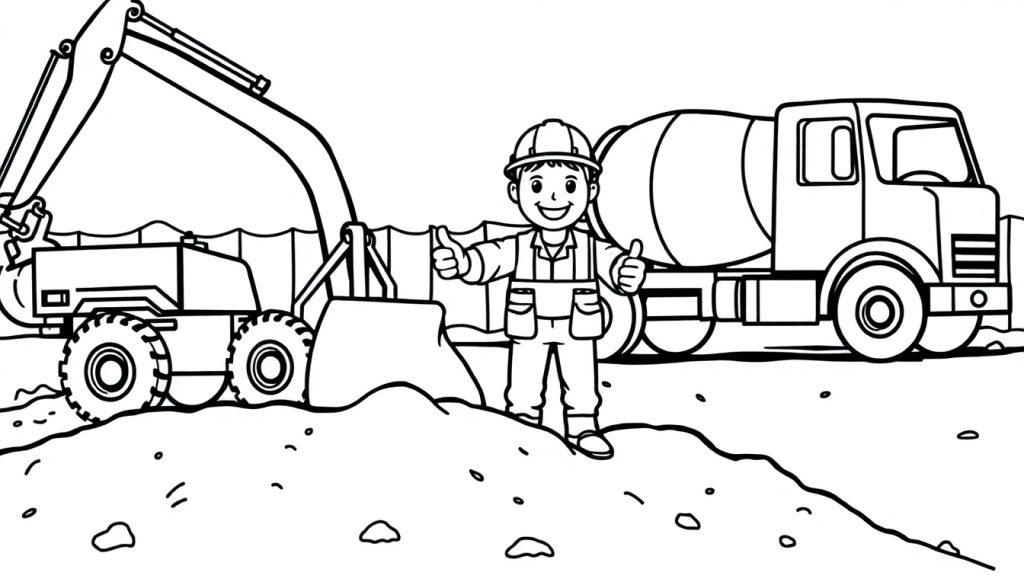 Ein fröhlicher Bauarbeiter zeigt den Daumen hoch auf einer Baustelle mit einem Bagger und Betonmischer im Hintergrund.