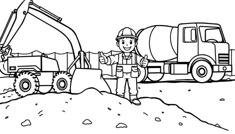 Ein fröhlicher Bauarbeiter zeigt den Daumen hoch auf einer Baustelle mit einem Bagger und Betonmischer im Hintergrund.