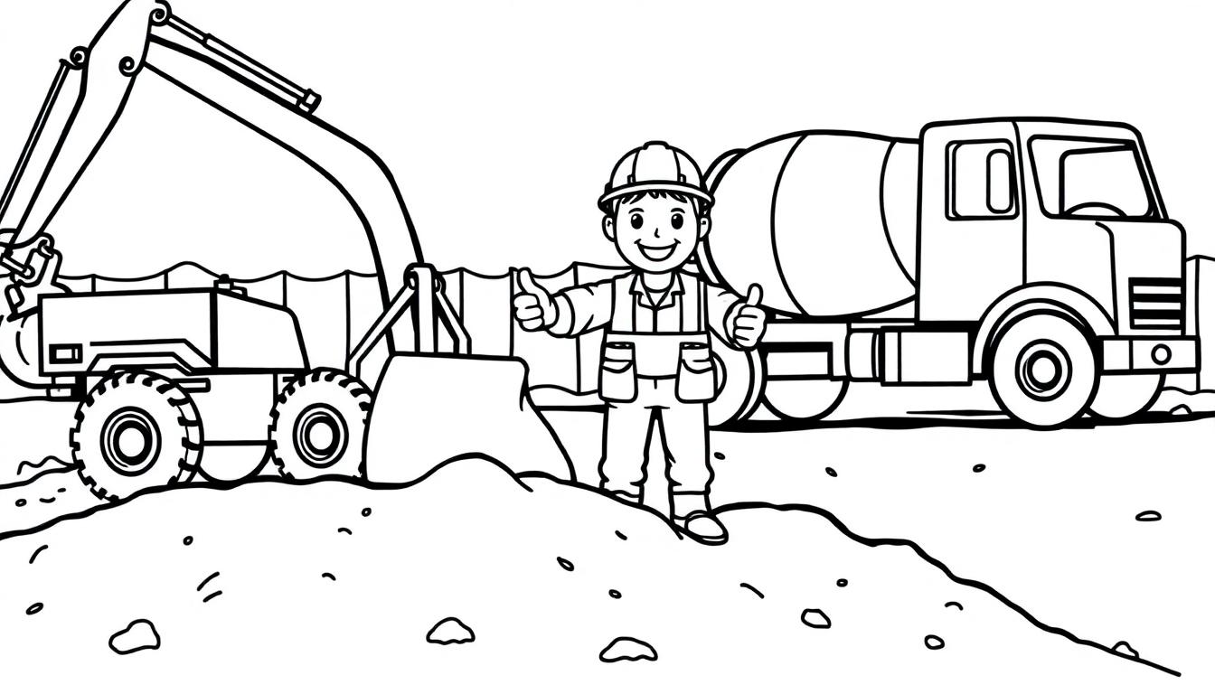 Ein fröhlicher Bauarbeiter zeigt den Daumen hoch auf einer Baustelle mit einem Bagger und Betonmischer im Hintergrund.