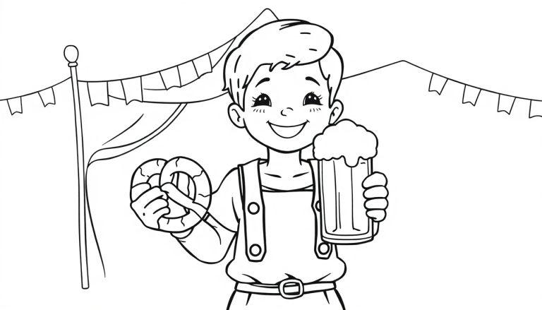 Eine niedliche Farbtafel-Szene: Ein Cartoon-Junge in bayerischer Tracht hält ein Bier und eine Brezel, mit einem Festzelt im Hintergrund.