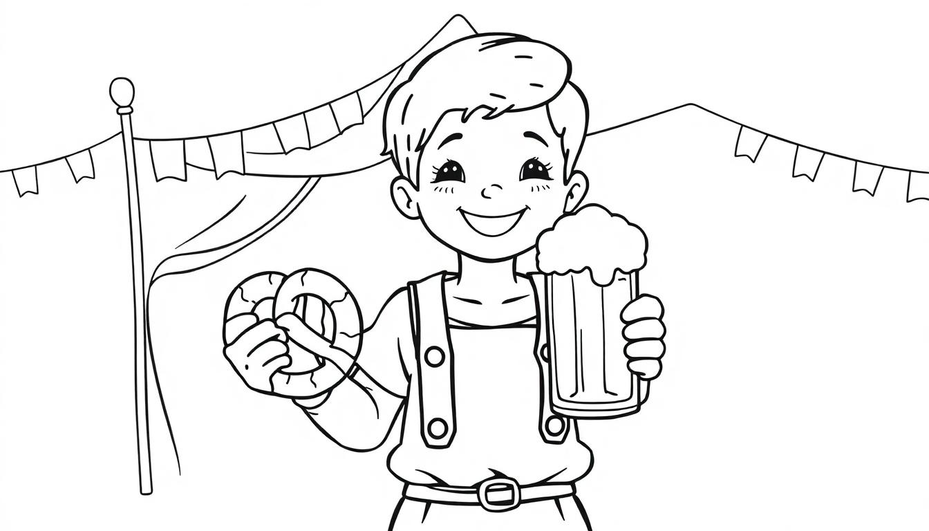 Eine niedliche Farbtafel-Szene: Ein Cartoon-Junge in bayerischer Tracht hält ein Bier und eine Brezel, mit einem Festzelt im Hintergrund.