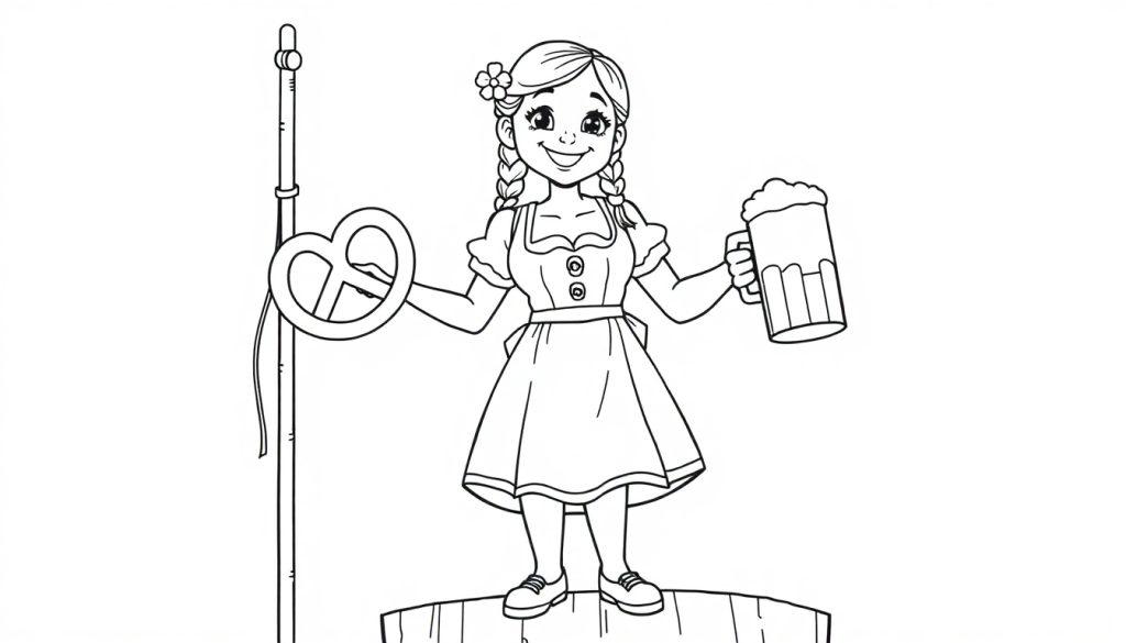 Eine Farbtafel: Ein bayerisches Mädchen in Tracht mit Brezel und Bierkrug.
