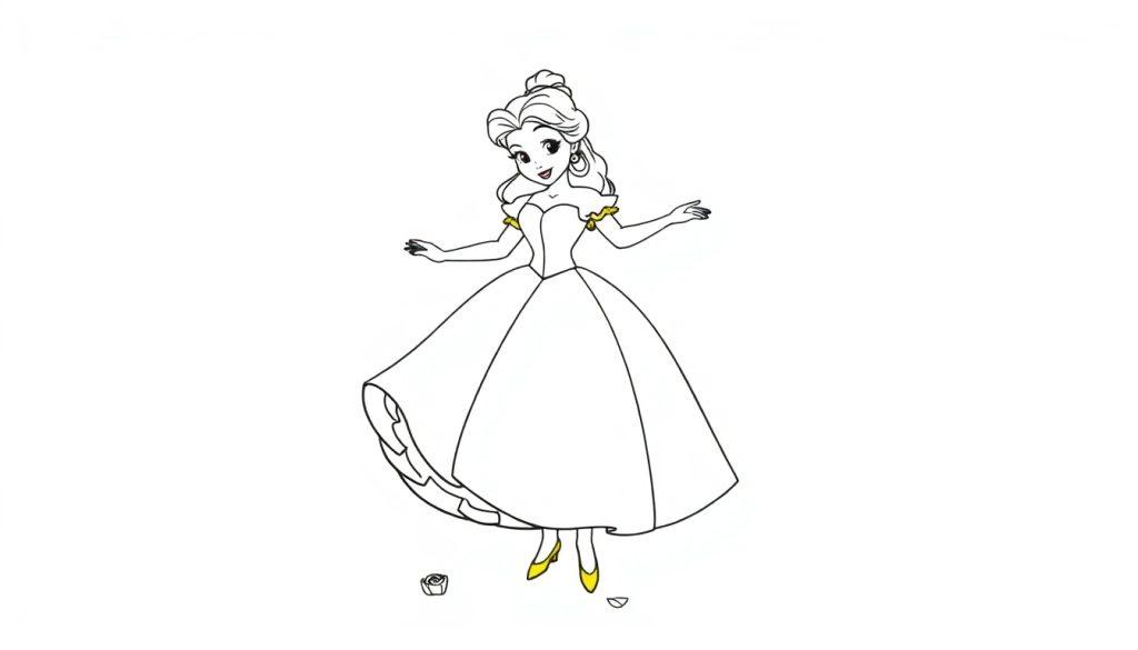 Schwarz-Weiß-Farbtafel einer jungen Frau in einem Ballkleid, bereit zum Tanz.