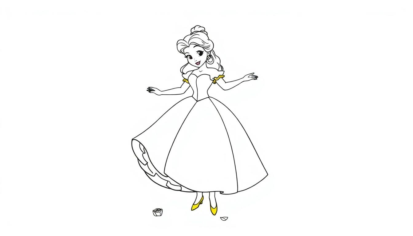 Schwarz-Weiß-Farbtafel einer jungen Frau in einem Ballkleid, bereit zum Tanz.