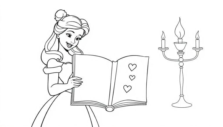 Eine Schwarzweiß-Farbtafel einer Frau, die wie Prinzessin Belle aussieht und ein Buch liest, mit Herzen und Kerzen.