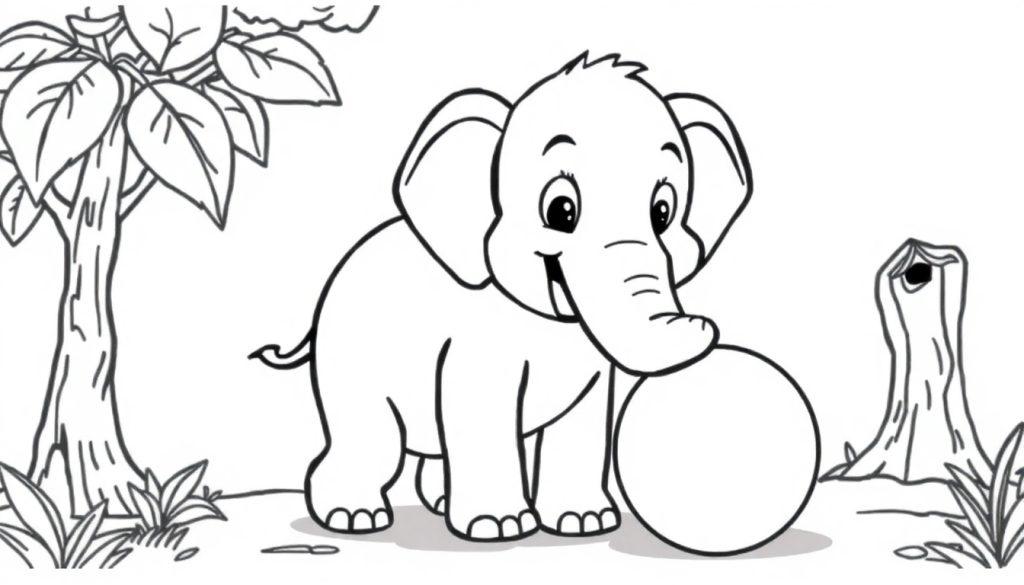 Bentley, der fröhliche Elefant, spielt mit seinem Ball auf dieser Farbtafel-Zeichenvorlage.