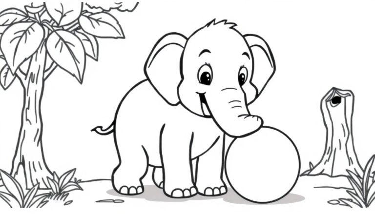 Bentley, der fröhliche Elefant, spielt mit seinem Ball auf dieser Farbtafel-Zeichenvorlage.